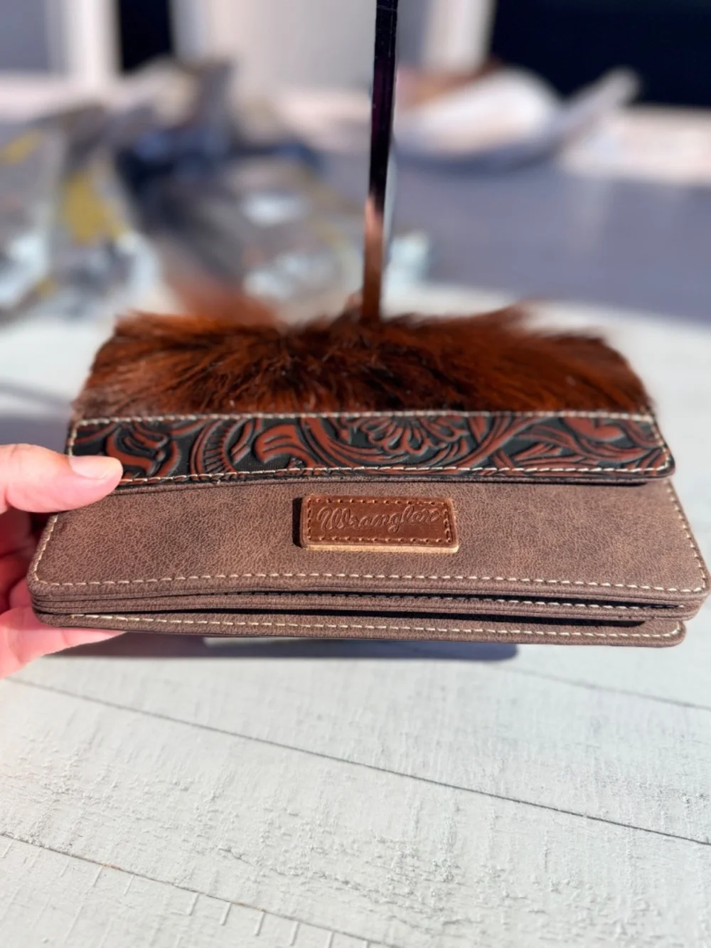 Wrangler Genuine Hair-On Cowhide Wallet/Crossbody - Coffee